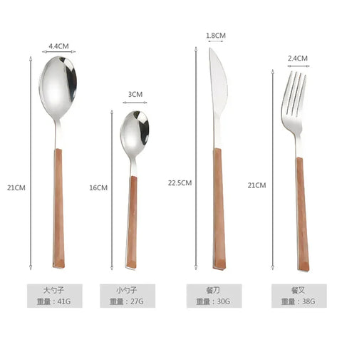 4Pcs 304 Stainless Steel Dinnerware Sets Glossy Silver Wooden Tableware Western Food Knife Fork Teaspoon Cutleries