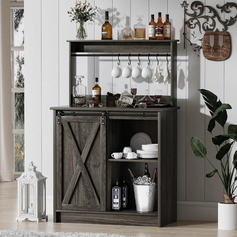 4ever2buy Farmhouse Coffee Bar Cabinet with 6 Hooks, White Coffee Bar with Storage, Kitchen Buffet Cabinet with Adjustable Shelv