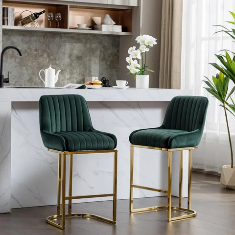 Modern Counter Height Bar Stools Set of 2 Green Bar Stools with Back/Gold Legs Upholstered Velvet Barstools 26''