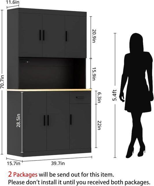 Kitchen Pantry Cabinet, 71" Tall Kitchen Storage Cabinet with Power Outlet, Freestanding Kitchen Hutch with countertop