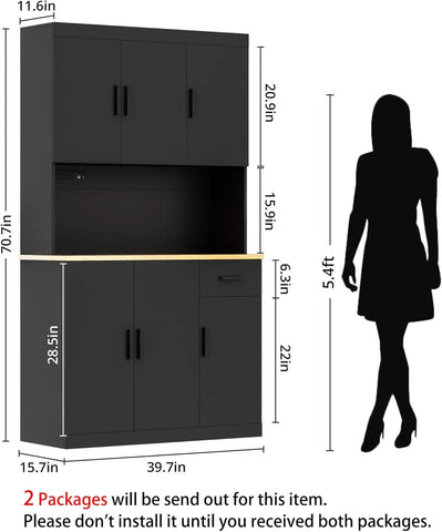 Kitchen Pantry Cabinet, 71" Tall Kitchen Storage Cabinet with Power Outlet, Freestanding Kitchen Hutch with countertop