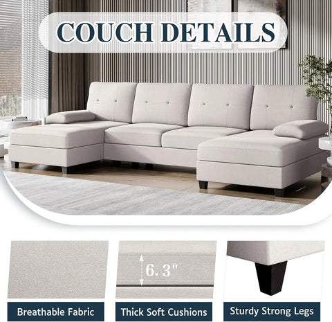 Living Room Sectional Sofa, 4-seater Set U-shaped Sofa with Double Chaise Longue, Large 106-inch Modern Fabric Sofa