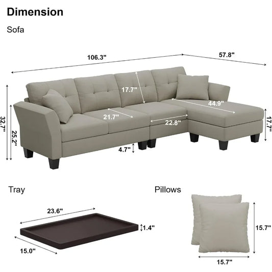 Convertible Sectional Couch Velvet L Shaped Sofa 4 Seat Sofa with Chaise L-Shaped Couches Reversible Sectional Sofa