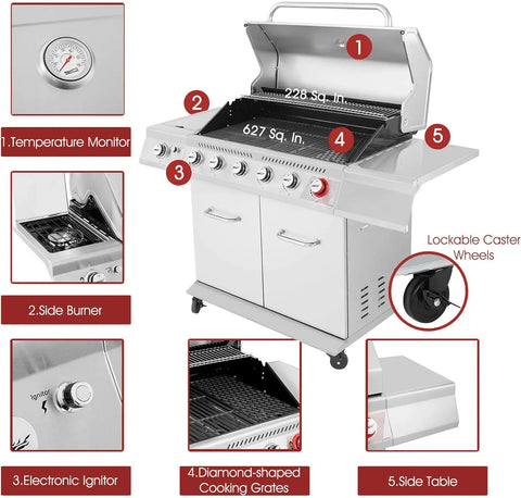 Royal Gourmet GA6402S Stainless Steel Gas Grill, Premier 6-Burner Propane BBQ Grill with Sear Burner and Side Burner, 74,000 BTU