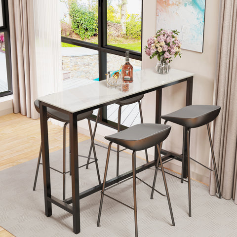 Sintered Stone Bar Table White Rectangle Counter Height Dining Table with Black Metal Frame High Top Pub Tables