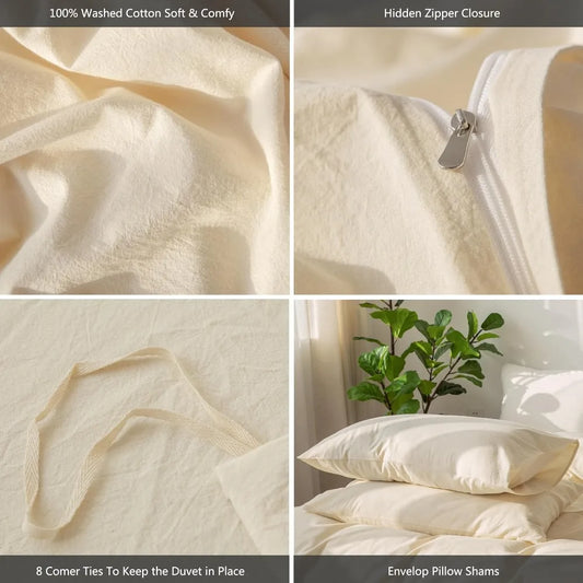 Bedding Cover Set 100% Washed Cotton Linen Like Textured Breathable Durable Soft Comfy, Easy Care, Great Texture, Bedspread