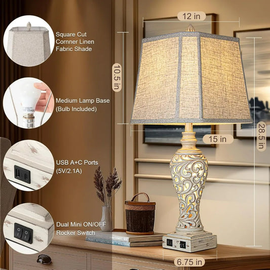 Table Lamps Set of 2 - Bedside Lamp with Fabric Shades - for Bedroom and Living Room with USB and Nightlight  (28.5" high)