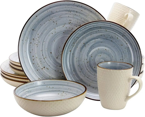 Elama Round Stoneware Luxurious Mellow Dinnerware Dish Set, 16 Piece, Speckle Powder Blue and White