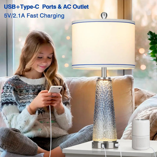 Glass Table Lamps for Living Room, 26" Modern Table Lamps with USB A+C Ports & AC Outlet, Touch Control Bedside Nightstand