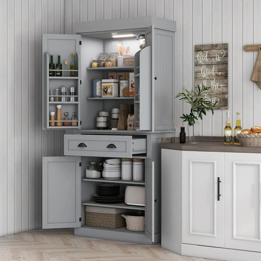 Kitchen Pantry Cabinet with Motion Sensor Light, Tall Storage Cabinet with 6 Door Shelves, a Drawer & 4 Adjustable Shelves