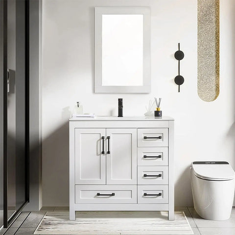 30" Bathroom Vanities Cabinet with Sink Combo Set, Undermount Ceramic Sink w/Thickened Wood, Matte Black Faucet