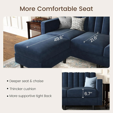 Convertible Sectional Sofa, Velvet L Shaped Couch with Reversible Chaise, Sectional Couch for Small Spaces, Dark Blue