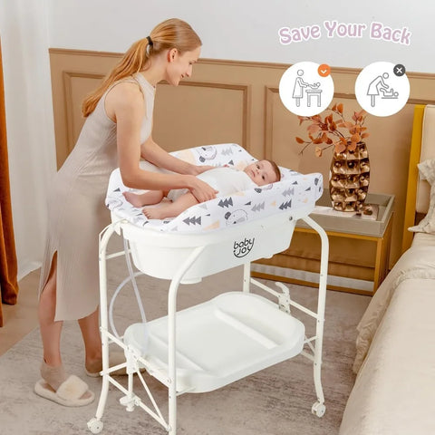 BABY JOY Baby Bathtub with Changing Table, Foldable Infant Diaper Changing Station with Storage Tray, Waterproof Pad, Portable