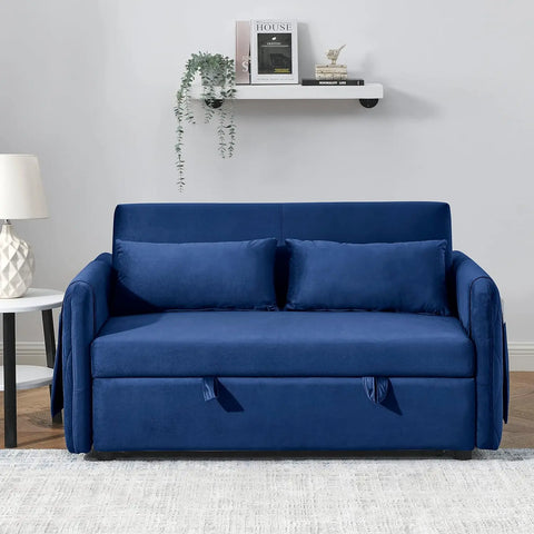 55" Loveseat with Pull Out Bed, 3 in 1 Convertible Velvet Sleeper Sofa Bed with Adjustable Backrest & 2 Pillows, 2 Arm Pocket