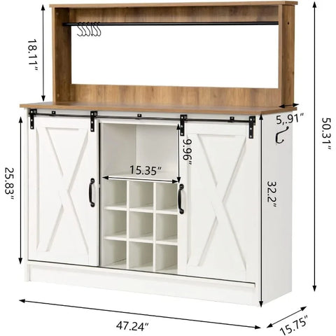 4ever2buy Farmhouse Coffee Bar Cabinet with 6 Hooks, White Coffee Bar with Storage, Kitchen Buffet Cabinet with Adjustable Shelv