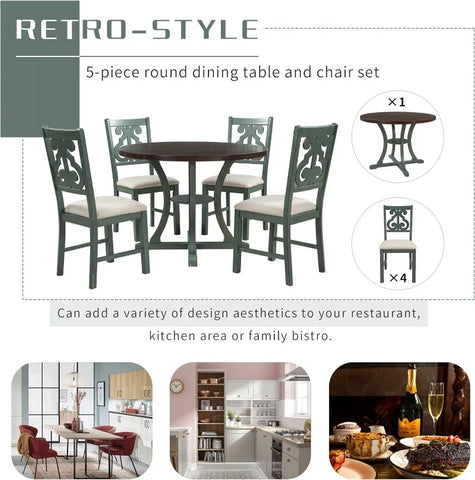 5-Piece Round Dining Table and Chair Set, Round Dining Table with Shelf, Wood Table Set for Family Dining Area