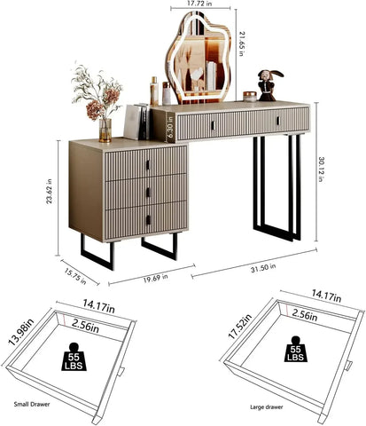 Vanity Desk with 3-Color Touch Screen Lighted Mirror, 5 Drawers, Makeup Vanity Table Set with Lights, Dressing