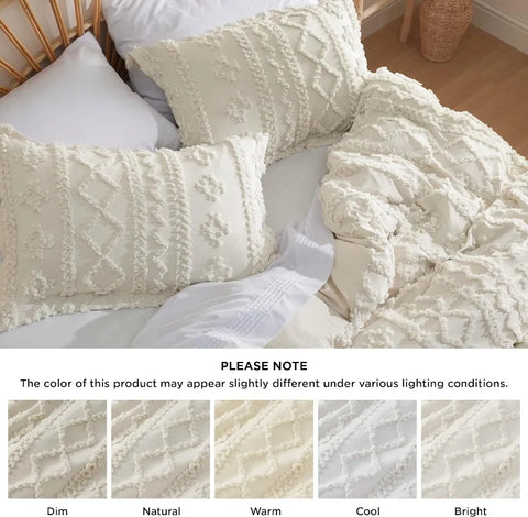 Boho Duvet Cover - Tufted Duvet Cover for All Seasons, 3 Pieces Soft Shabby Chic Embroidery Boho Bedding Duvet Cover