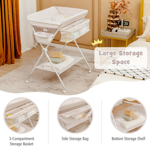 Babyjoy Foldable Baby Diaper Changing Table Mobile Nursery Organizer for Newborn Beige