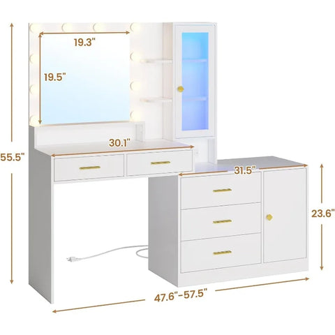 Makeup Vanity with Lights Vanity Desk with Mirror, Large Vanity Table Set with Drawer Dresser, Charging Station & RGB Cabinets