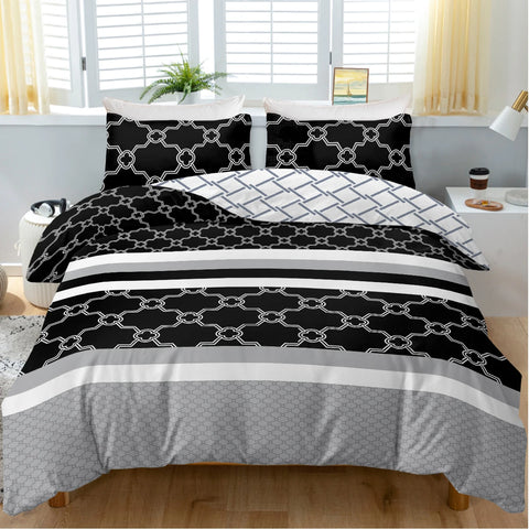 3pc Black and White Stripe Printed Bedding Set Geometrical Pattern Quilt Cover with1 Duvet Cover and 2 Pillowcases