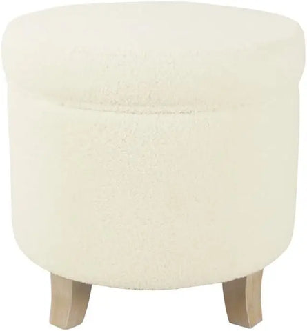 Round Transitional Faux Sheepskin Fabric Storage Ottoman Home Décor|Upholstered Round Foot Rest Ottoman- Light Cream Large