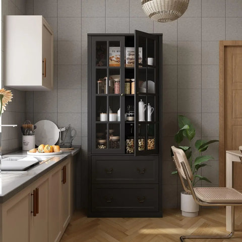 Pantry Cabinet Kitchen Storage Cabinet with 2-4 Drawers & Glass Doors, Kitchen Pantry with Adjustable Shelves