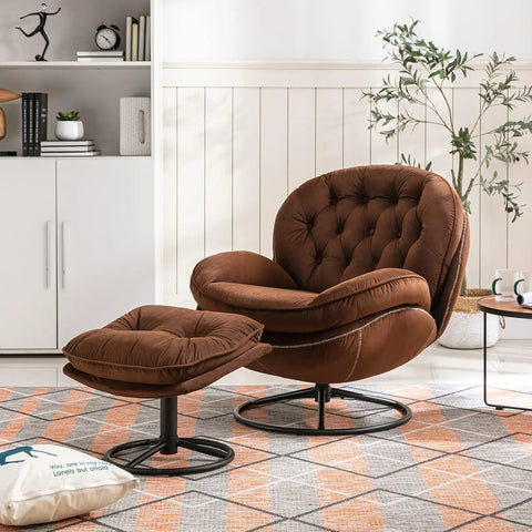 Accent Chair with Ottoman,360 Degree Swivel Velvet Leisure Chair, Lounge Armchair with Metal Base Frame for Living Room, Bedroom