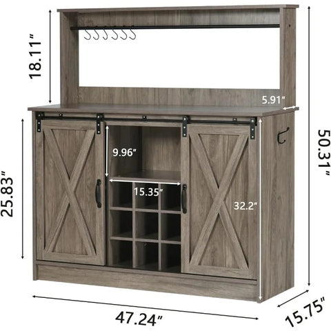 4ever2buy Farmhouse Coffee Bar Cabinet with 6 Hooks, White Coffee Bar with Storage, Kitchen Buffet Cabinet with Adjustable Shelv