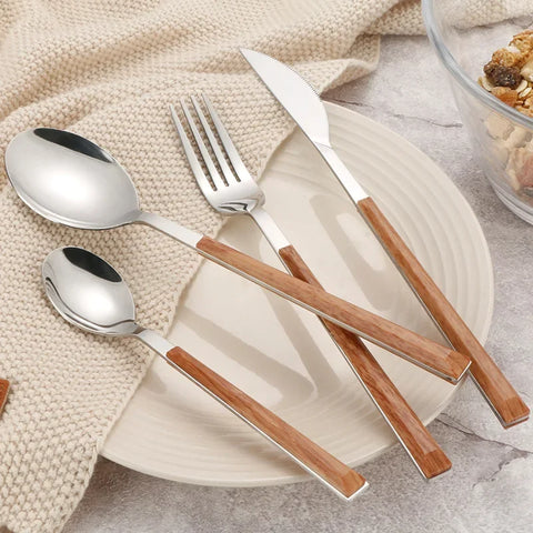 4Pcs 304 Stainless Steel Dinnerware Sets Glossy Silver Wooden Tableware Western Food Knife Fork Teaspoon Cutleries