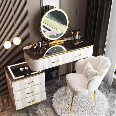 Makeup Vanity Set with Wireless Charging Station, Dressing Table with Mirror and Lights, Vanity Desk with Storage Cabinet and