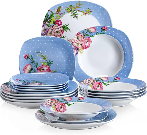 Porcelain Dinnerware Sets for 6, White Dish Set with Pink Floral, 30 PCS Dinner Sets Including Plates