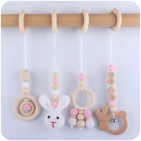 4 Pcs Beech Wood Baby Play Gym Frame Newborn Activity Fitness Rack Hanging Pendants Toys Crochet Rattle Teether Kids Room Decor