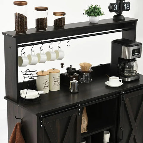 4ever2buy Farmhouse Coffee Bar Cabinet with 6 Hooks, White Coffee Bar with Storage, Kitchen Buffet Cabinet with Adjustable Shelv