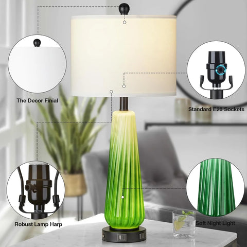 Glass Table Lamps for Living Room, 26" Modern Table Lamps with USB A+C Ports & AC Outlet, Touch Control Bedside Nightstand