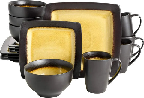 Square Reactive Glaze Stoneware Dinnerware Set, Service for 4 (16pcs),  Set Vaisselle Complet， Dishes and Plates Sets