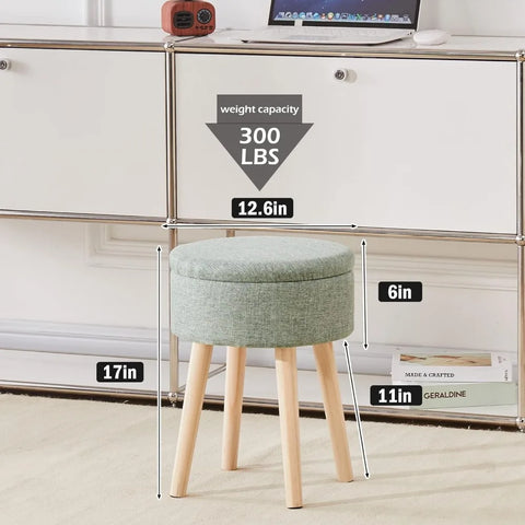 Storage Ottoman Foot Stool Linen Round Vanity Stool Tray Top Footstool with Wood Legs Multifunctional Upholstered Foot Rest