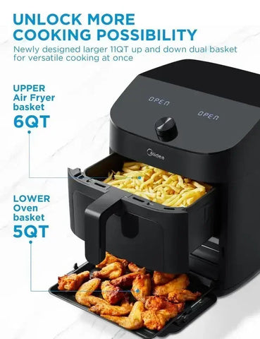 Mi dea 8 in 1 Dual Air Fryer 11 Quart with 2 Independent Frying Baskets Large Capacity Clear Windows, Smart Sync Finish