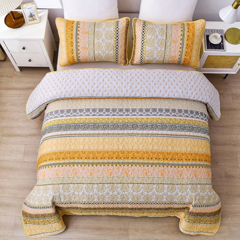 Boho Quilt Set , Yellow Bohemian 3 Pieces Quilt Sets, Lightweight Microfiber Bedspread Coverlet Bedding Set for All Season