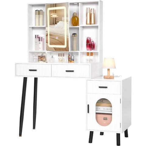 Vanity Desk Mirror and Lights, Makeup Vanity Desk Set Power Outlets & Cabinet, Desk Vanity Table Large Dressing Table