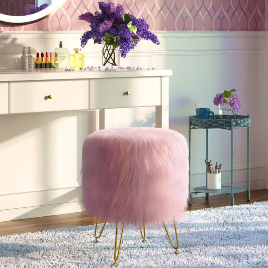 Stool and ottoman dressing chair with storage space, high round faux fur footstool with 4 gold legs, puffed chair dressing stool