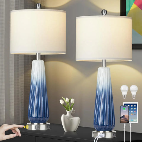 Glass Table Lamps for Living Room, 26" Modern Table Lamps with USB A+C Ports & AC Outlet, Touch Control Bedside Nightstand