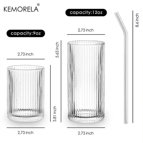 KEMORELA 8PCS Glass Cups Ribbed Glassware set Include 4 Large Glasses 17 oz 4 Glass Cups 10 oz Vintage Glassware Cocktail Glass