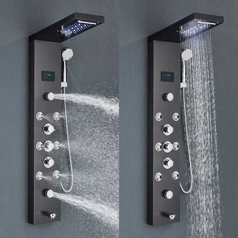 Black/Brushed Bathroom Shower Faucet Set LED Rainfall Shower Panel System Bathtub Water Mixer Tap Massage SPA Temperature Screen