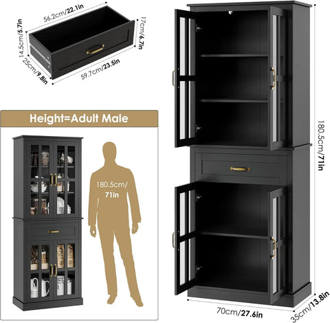 Kitchen Cabinet, Tall Cabinet with Glass Doors and Drawer, Freestanding Pantry Hunch with Adjustable Shelves, Cabinets Kitchen