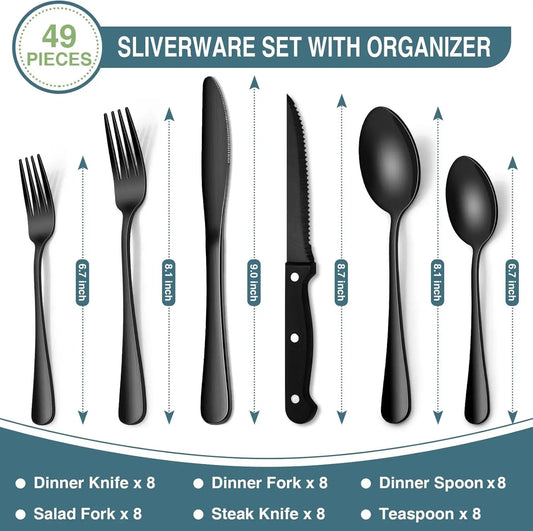 Black Silverware Set, Umite Chef 49-Piece Flatware Set with Drawer Organizer,Durable Stainless Steel Cutlery Set for 8,Tableware