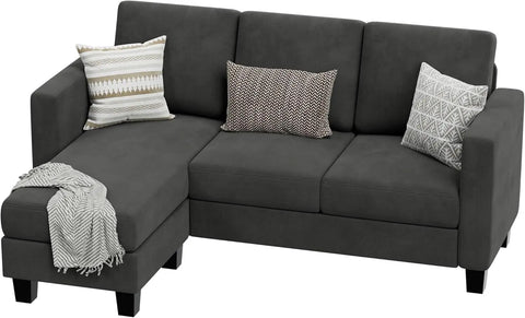 Convertible Sectional Sofa Couch 3 Seat L-Shaped Sofa with Linen Fabric Movable Ottoman Small Couch (Dark Gray)