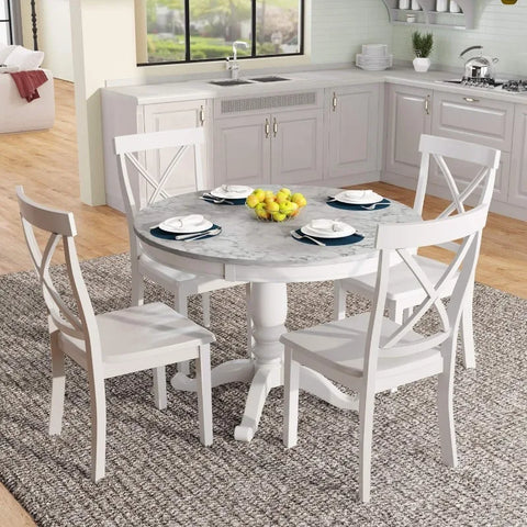 5-Piece Round Dining Table and Chair Set, Round Dining Table with Shelf, Wood Table Set for Family Dining Area