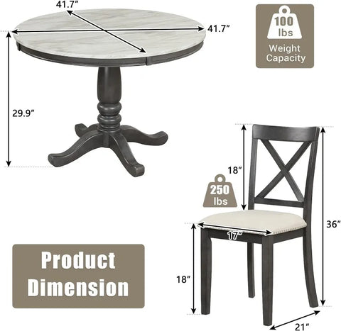 5-Piece Round Dining Table and Chair Set, Round Dining Table with Shelf, Wood Table Set for Family Dining Area