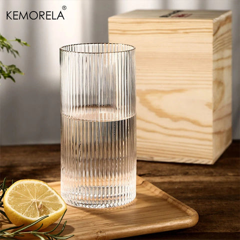 4PCS Ribbed Glass Cups Vintage Glassware Transparent Cocktail Glasses Set Bar Beverages Iced Coffee Cup Juice Ripple Drinkware